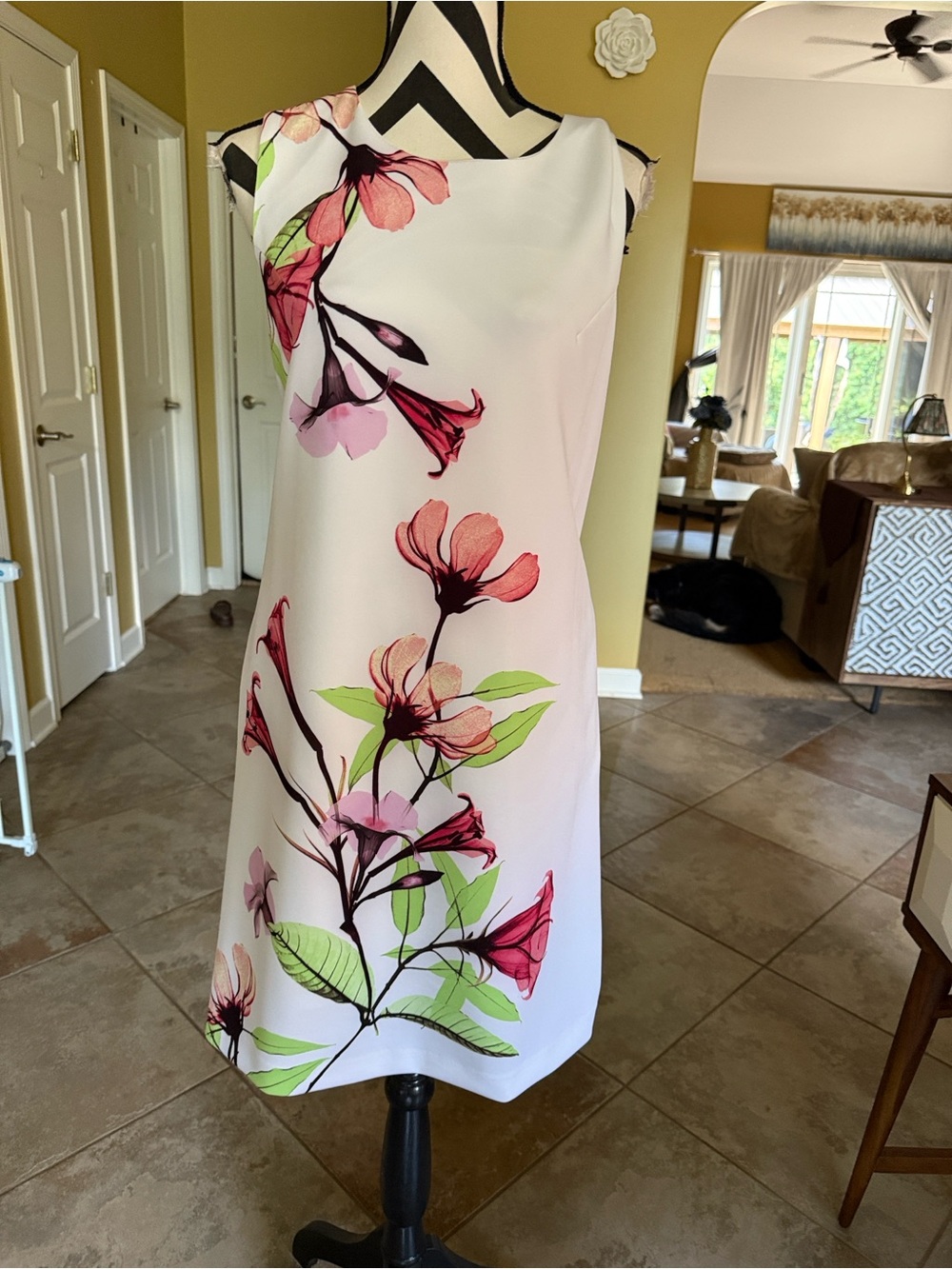 Tommy Hilfiger White Shift Dress with Pink Floral and Green Leaves